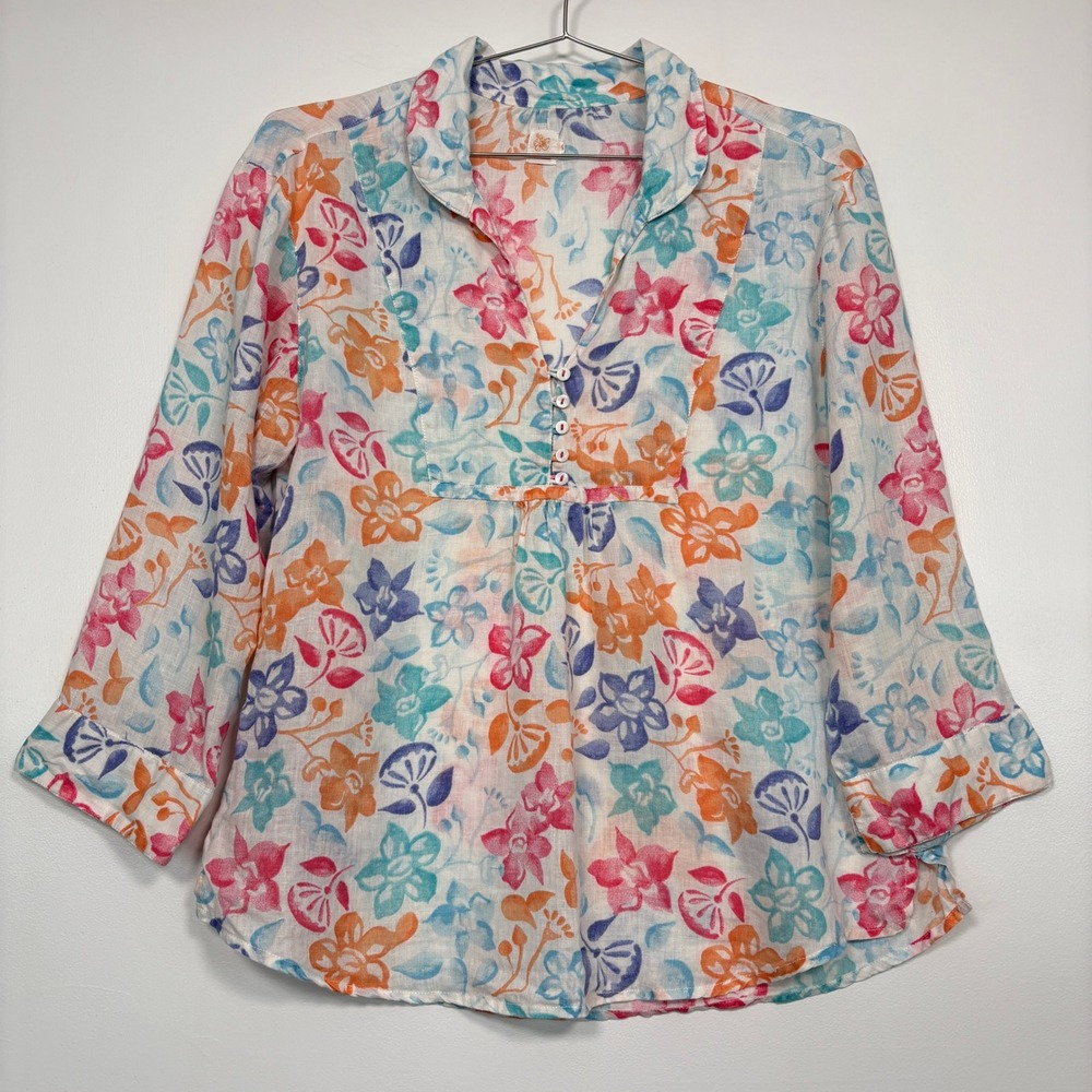 Richards Women Blouse 4 White Floral 100% Linen 3/4 Sleeve V-Neck Top Resortwear